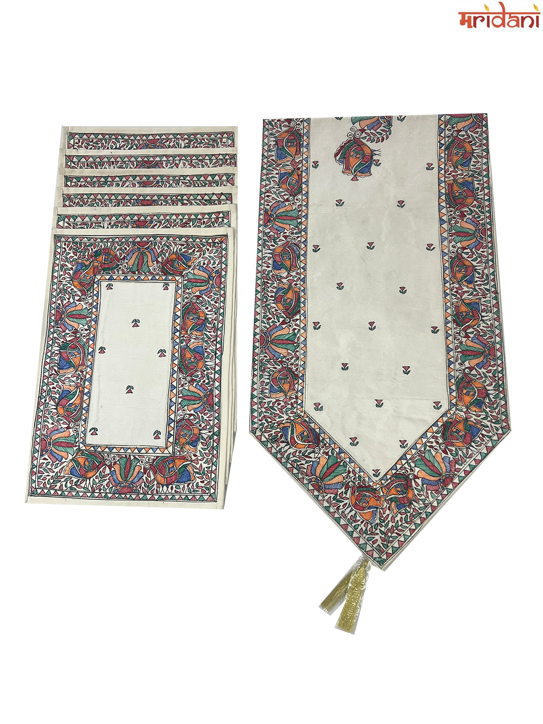 Hand-Painted Madhubani Table Mat Set- Exquisite Peacock with Lotus Design on White